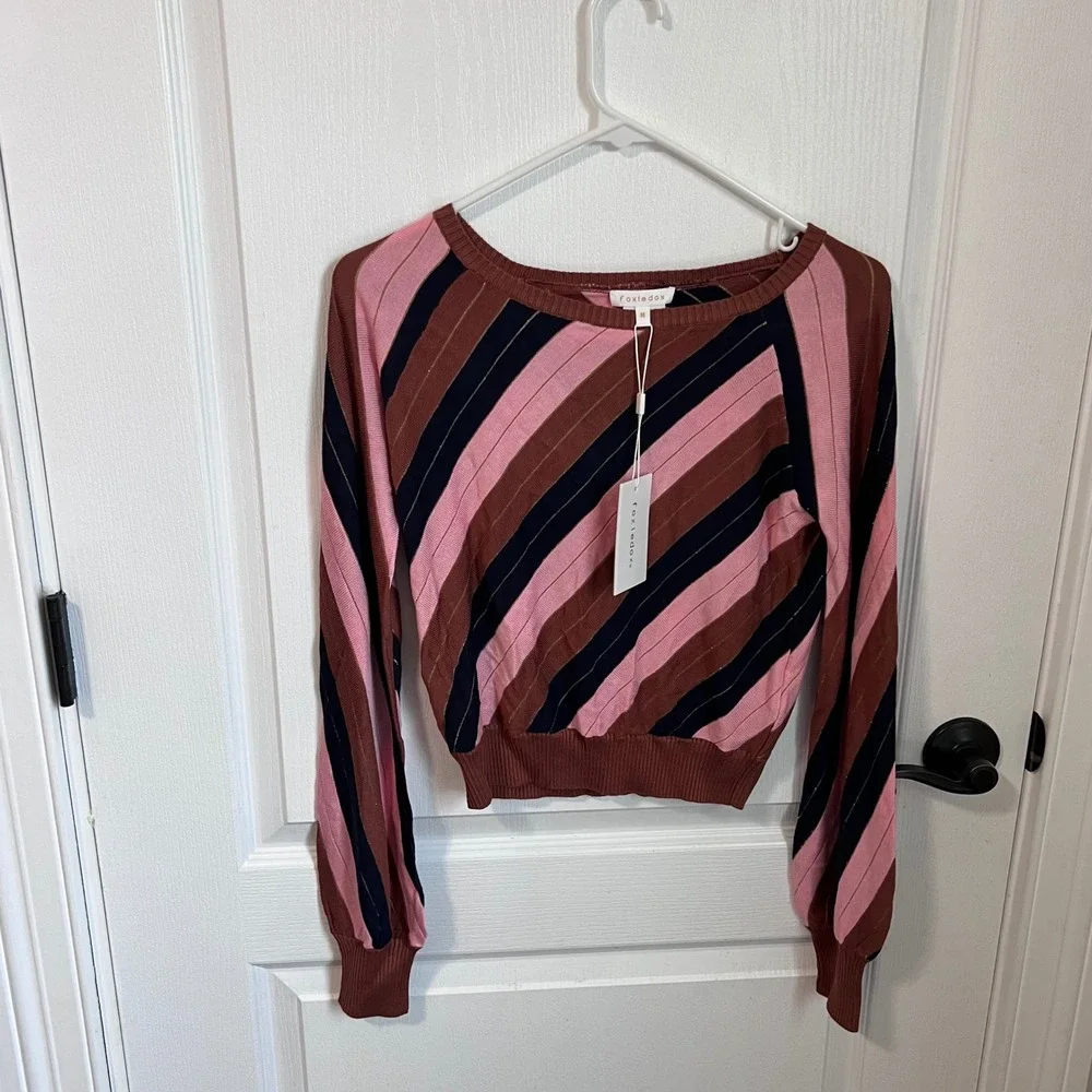 Foxiedox Womens Pink Brown Striped Metallic Lurex Knit Cropped‎ Sweater Size M